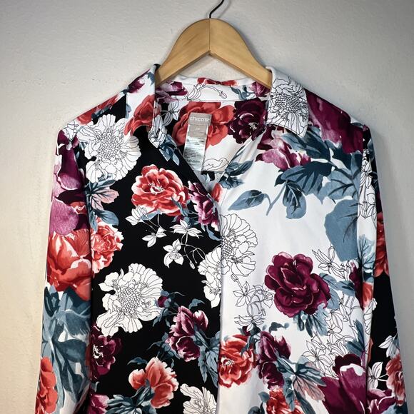 Chico's 2 petite large 12 Long Sleeve Floral Red Black Blouse Shirt Top Tropical - Picture 5 of 12